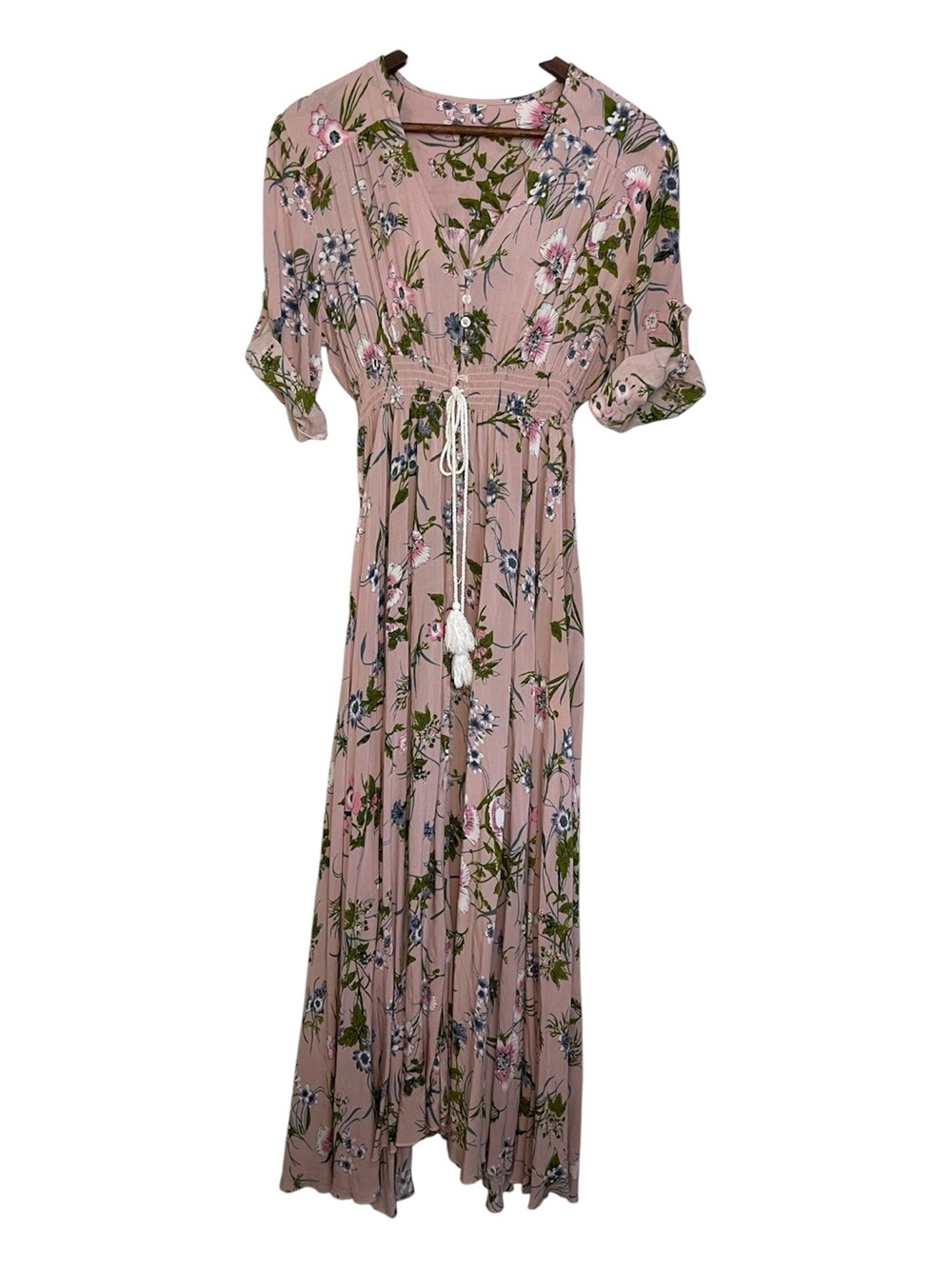 Floral Maxi Dress 2XL Pink Button Down Rayon Wild Flower Flowy Summer Long Slit - Picture 5 of 16